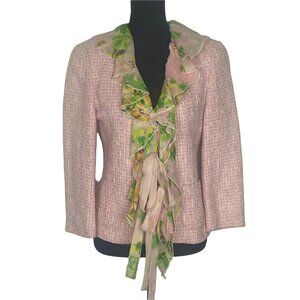 Tweed Blazer LEA ROME Women Size M/L Pink Ruffle Front Feminine Elegant Stylish
